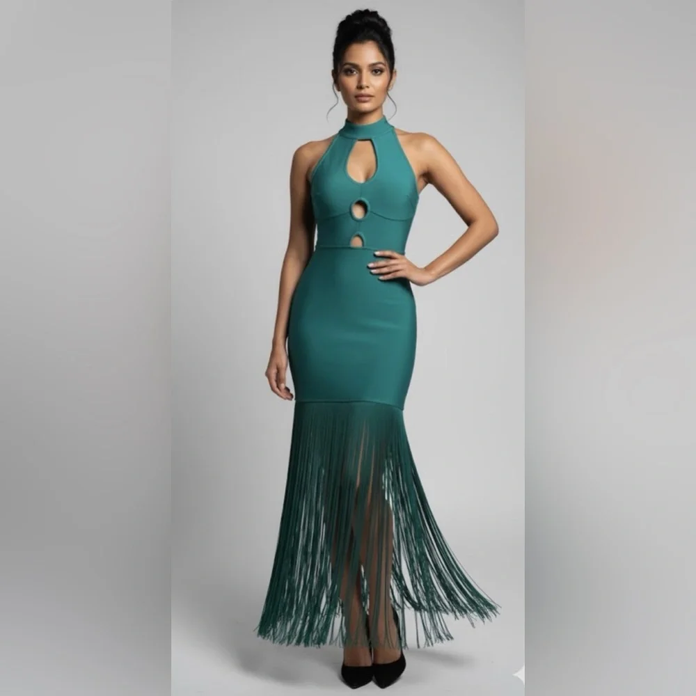 NWOT StyleByGG Emerald Green Bandage Fringe Maxi Dress -Sculpting Bodycon Size L - Picture 1 of 14